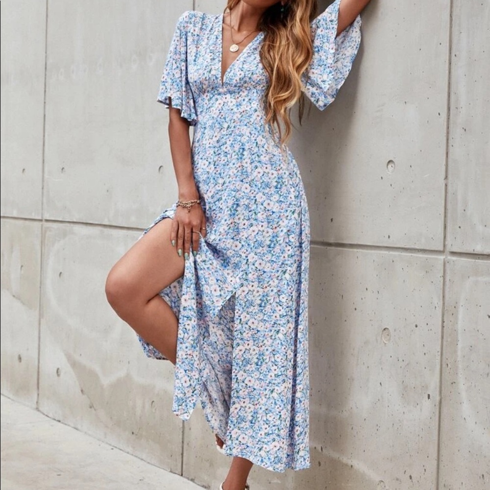 Boho floral butterfly sleeve split thigh dress - Picture 7 of 9